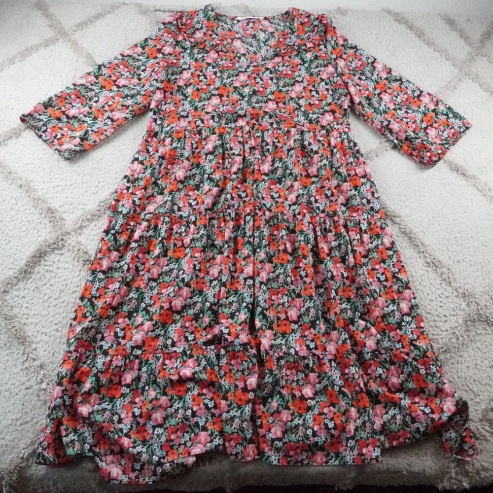 Zara floral Print Midi Dress Womens Extra Large Long Sleeve Multi Color